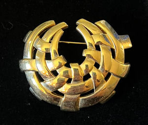 Vintage Brooch Large Statement Basket Weave Pattern Modern Art Retro Gold Tone